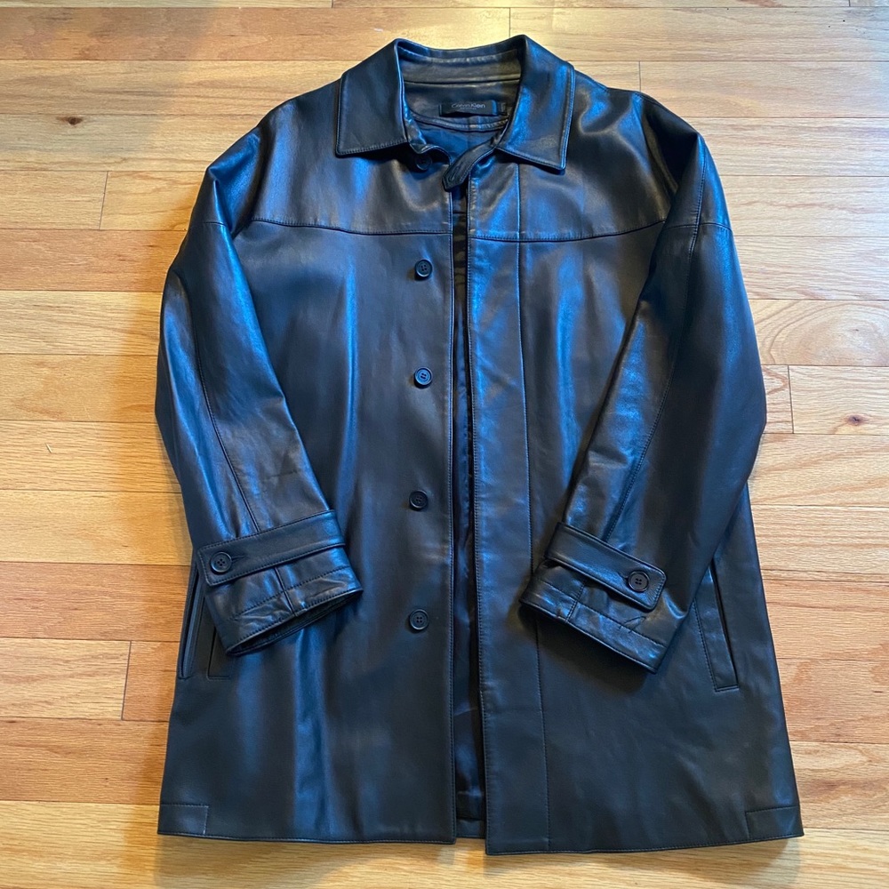 Calvin Klein Black Leather Coaches Jacket Size L